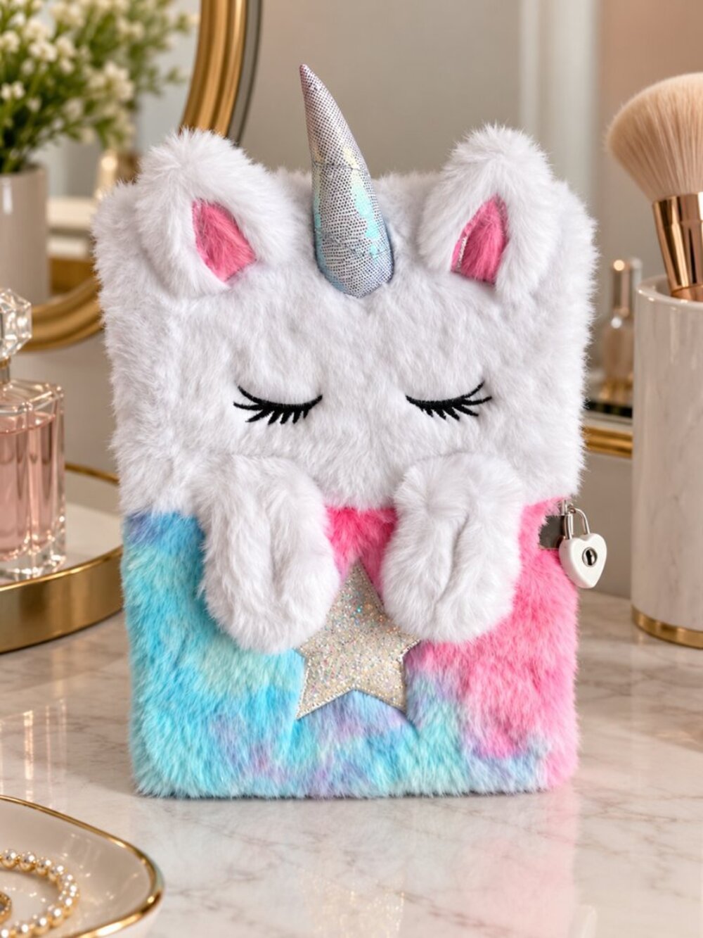 Shiny Glitter Fluffy Unicorn Diary with Lock